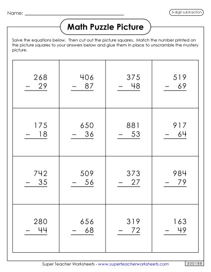 St. Pat's Subtraction - Subtraction (Borrowing) - Leprechaun Picture Puzzle