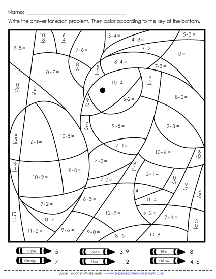 Easter Subtraction - Subtraction: Chick and Egg Mystery Picture (Basic Facts 0-10)