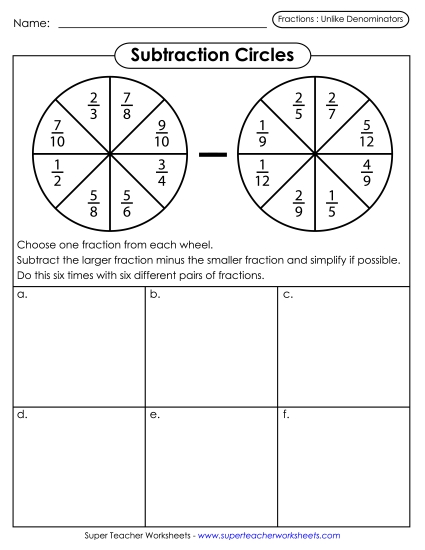 Subtracting Fractions: Different Denominators - Subtraction Circles (Fractions w/ Unlike Denominators)