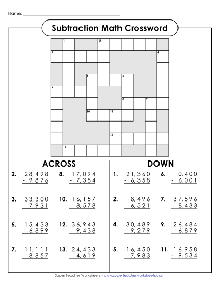 Subtraction - Subtraction Crossword (4 and 5-Digit) Subtraction - Subtraction Crossword (4 and 5-Digit)