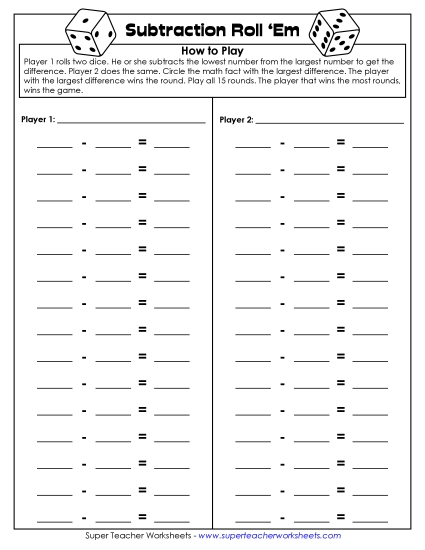 Basic Subtraction Games - Subtraction Dice Game (2 Players)