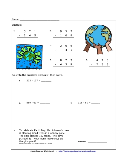 Earth Day Math - Subtraction - Earth Day