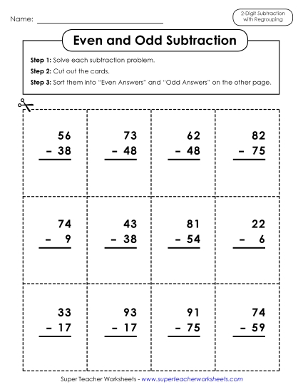 2-Digit Subtraction (With Borrowing) - Subtraction: Even Odd Sort