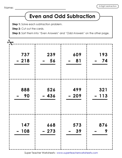 3-Digit Subtraction Worksheets - Subtraction: Even/Odd Sort