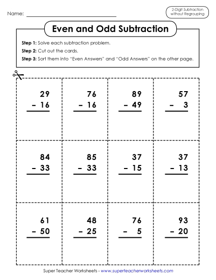 Subtraction Worksheets (No Borrowing) - Subtraction: Even/Odd Sort