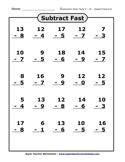 Subtraction Basic Facts (0-18) Mad Minute Drills - Subtraction Facts 0-18 (Worksheet B)