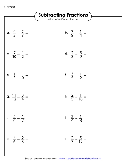 Subtracting Fractions: Different Denominators - Subtraction Fractions w/ Unlike Denominators (Horizontal)