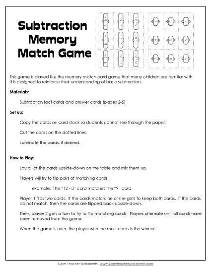 Games & Activities - Subtraction Matching Game (Basic Facts Within 20)