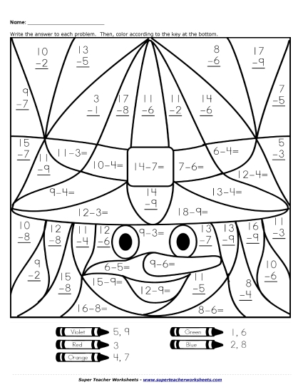 Subtraction - Subtraction Mystery Picture: Witch (Basic Subtraction Facts)
