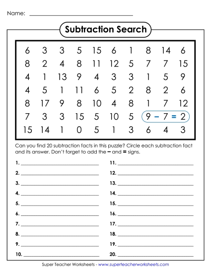 Subtraction Fact Practice - Subtraction Number Search 