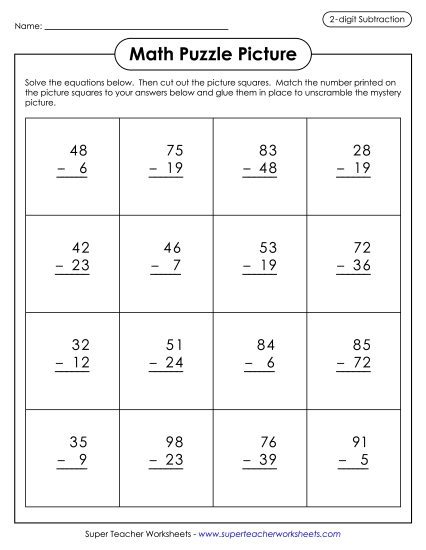 2-Digit Subtraction Worksheets - Subtraction Picture Puzzle: Farm Scene