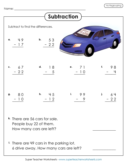 Subtraction Worksheets (No Borrowing) - Subtraction Practice (2-Digits /  No Regrouping)