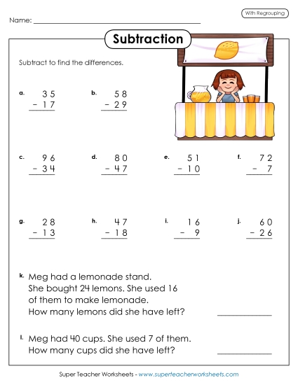 2-Digit Subtraction Worksheets - Subtraction Practice (2-Digits /  Regrouping)