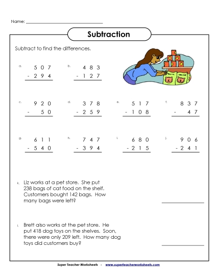 3-Digit Subtraction Worksheets - Subtraction Practice (3-Digits/ Regrouping)