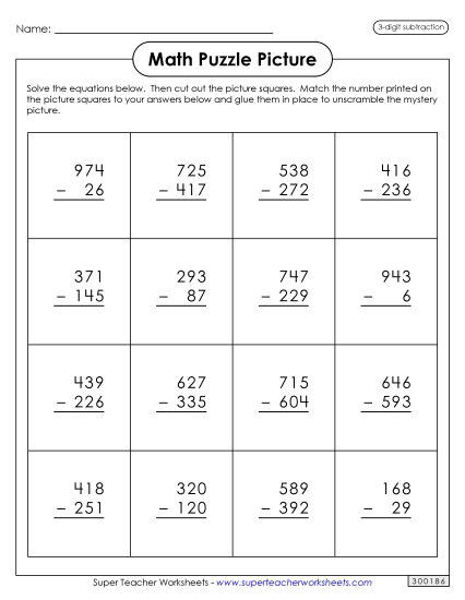 Groundhog Math - Subtraction Puzzle Picture: Groundhog Day (3-Digit Subtraction)