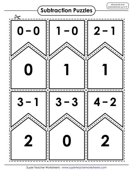 Cut-and-Glue Worksheets - Subtraction Puzzles: Minuends and Subtrahends up to 9