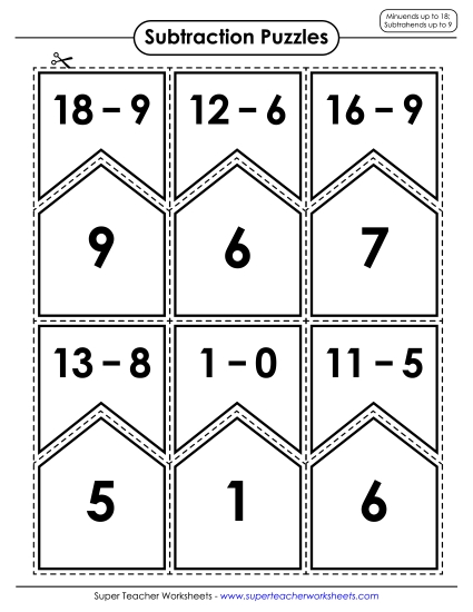 Cut-and-Glue Worksheets - Subtraction Puzzles: Minuends up to 18, Subtrahends up to 9