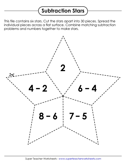Cut-and-Glue Worksheets - Subtraction Star Puzzles (Minuends 10 or Less)