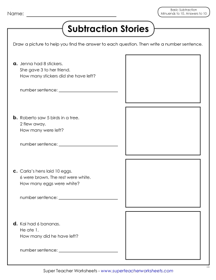 Concept Worksheets - Subtraction Stories