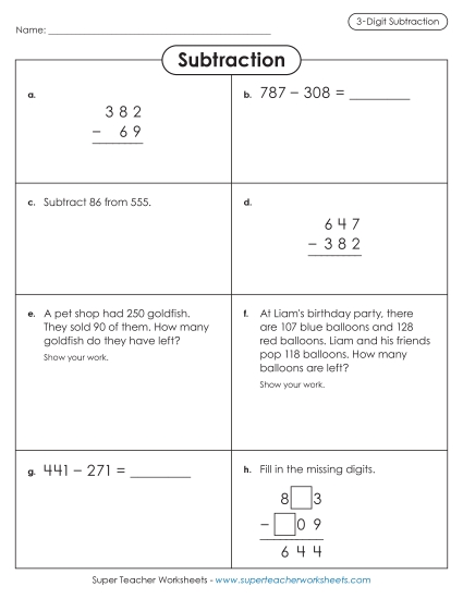 3-Digit Subtraction Worksheets - Subtraction Variety (3-digit) 3-Digit Subtraction Worksheets - Subtraction Variety (3-digit)