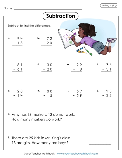 Subtraction Worksheets (No Borrowing) - Subtraction Worksheet (2-Digits / No Regrouping) Subtraction Worksheets (No Borrowing) - Subtraction Worksheet (2-Digits / No Regrouping)