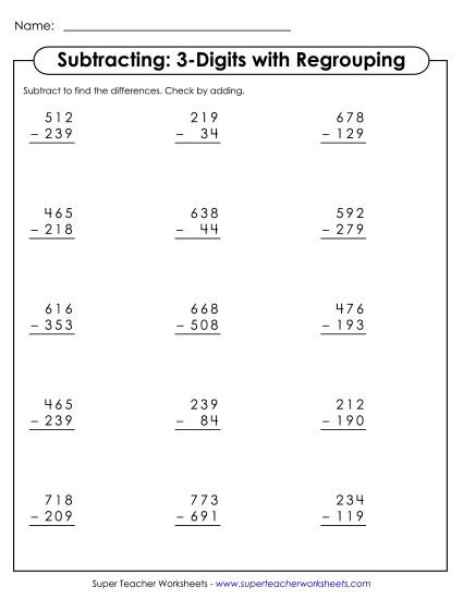 3-Digit Subtraction - Subtraction Worksheet (3-digits / Regrouping)