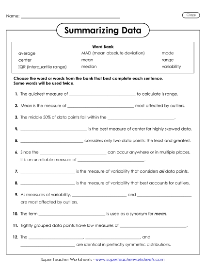 Measures of Center and Variability - Summarizing Data Cloze