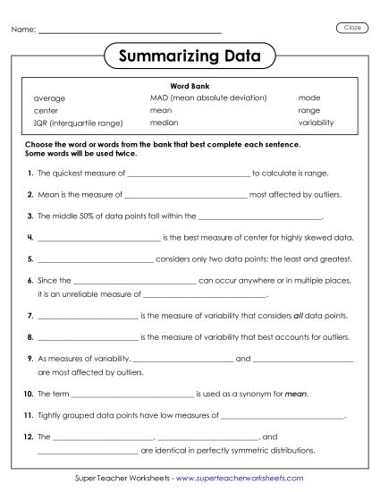 Measures of Center & Variability (Mixed) - Summarizing Data Fill in the Blank Cloze Measures of Center & Variability (Mixed) - Summarizing Data Fill in the Blank Cloze