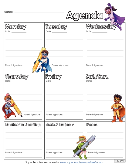 Homework Agendas and Calendars - Super Hero Homework Agenda Homework Agendas and Calendars - Super Hero Homework Agenda