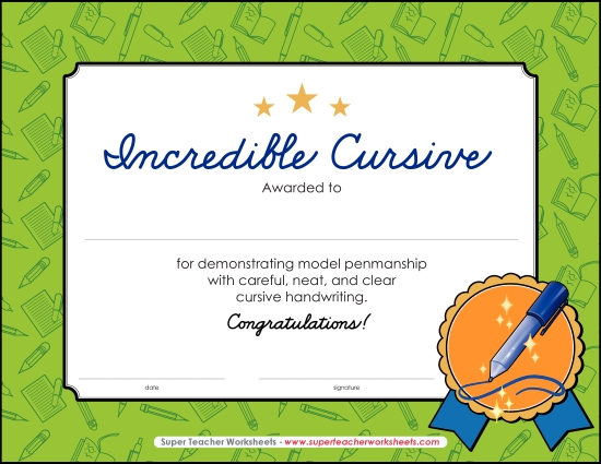 Reading & Writing Awards - Superb Cursive Award Reading & Writing Awards - Superb Cursive Award