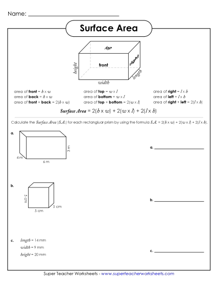 Level: Basic (Rectangular Prisms & Cubes Only) - Surface Area (Formula)