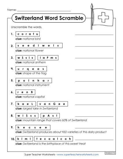 Puzzles - Switzerland Word Scramble
