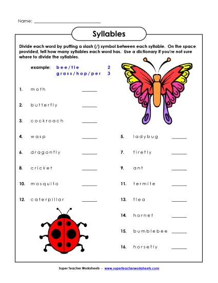 Insect-Themed Worksheets - Syllables (Insects)