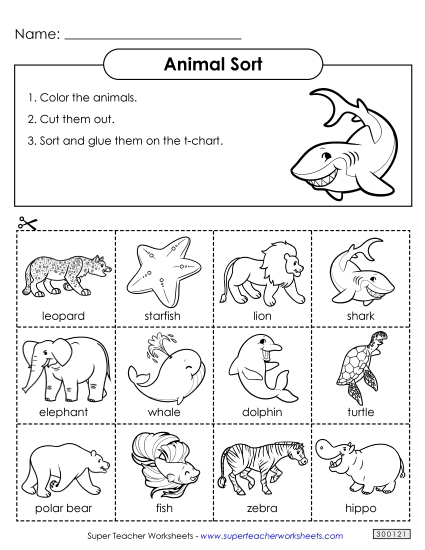 Worksheets & Activities - T-Chart Sort: Ocean & Zoo Animals
