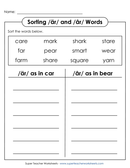 Two Sounds of <i>ar</i> /är/ and /âr/ - T-chart Sorting: /är/ as in car & /âr/ as in bear Two Sounds of <i>ar</i> /är/ and /âr/ - T-chart Sorting: /är/ as in car & /âr/ as in bear