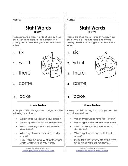 Word List - Take-Home List (Unit 20) 