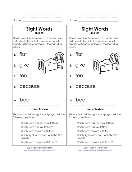 Word List - Take-Home List (Unit 30)