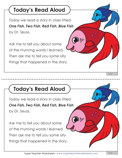Parent Note - Take-Home Note: One Fish, Two Fish Parent Note - Take-Home Note: One Fish, Two Fish