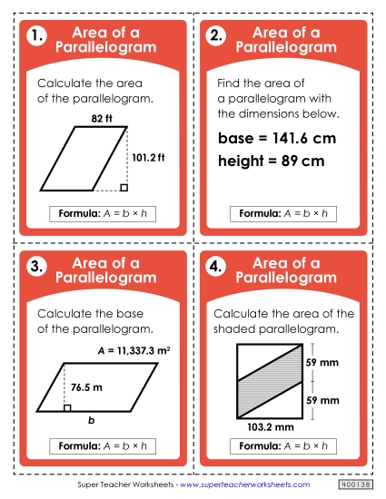 Level: Advanced Decimal & Fraction Measurements - Task Cards: Areas of Parallelograms (Advanced)