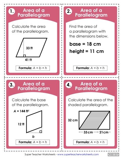 Level: Intermediate Double-Digit Measurements - Task Cards: areas of Parallelograms (Intermediate) (Printable PDF Worksheet) Level: Intermediate Double-Digit Measurements - Task Cards: areas of Parallelograms (Intermediate) (Printable PDF Worksheet)