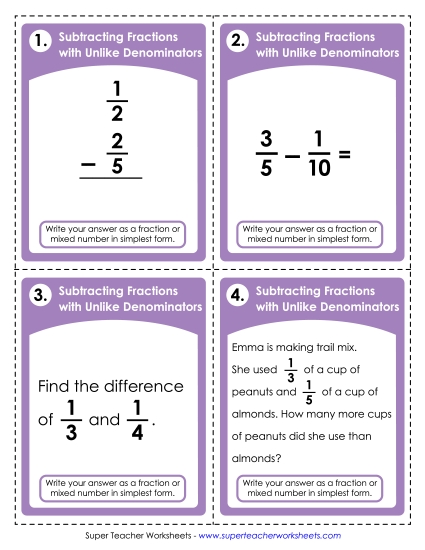 Subtracting Fractions: Different Denominators - Task Cards: Fraction Subtraction (Unlike Denominators) Subtracting Fractions: Different Denominators - Task Cards: Fraction Subtraction (Unlike Denominators)