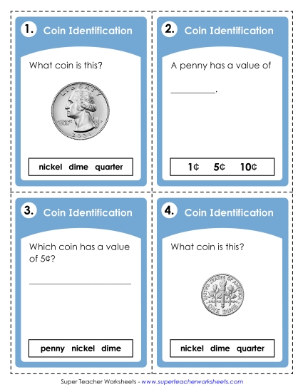 Pennies, Nickels, Dimes, Quarters - Task Cards: Identifying Coins