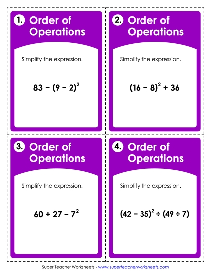 Whole Numbers Only - Task Cards: Order of Operations Whole Numbers Only - Task Cards: Order of Operations
