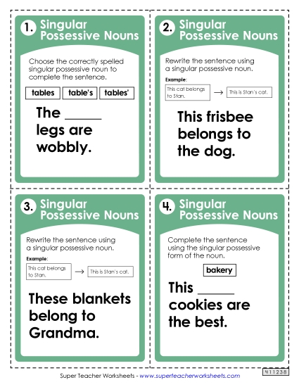 Singular Possessive Only (Basic) - Task Cards: Singular Possessive Nouns