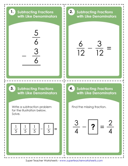 Subtracting Fractions: Same Denominator - Task Cards: Subtraction Fractions w/ Like Denominators Subtracting Fractions: Same Denominator - Task Cards: Subtraction Fractions w/ Like Denominators