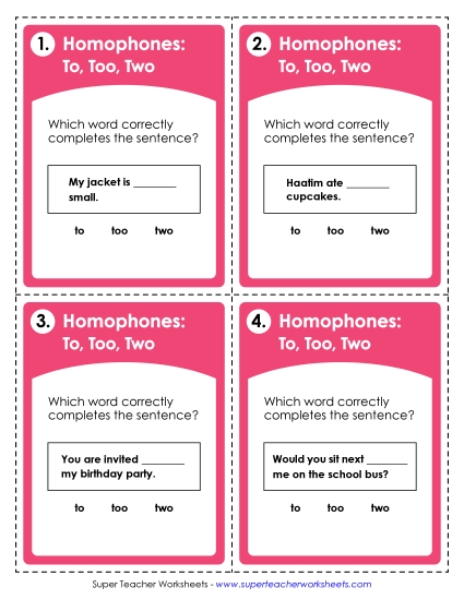 To, Too, Two - Task Cards: To, Too, Two