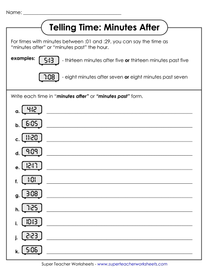 Reading Clocks: Nearest Minute - Telling Time Worksheet (Minutes After) Reading Clocks: Nearest Minute - Telling Time Worksheet (Minutes After)