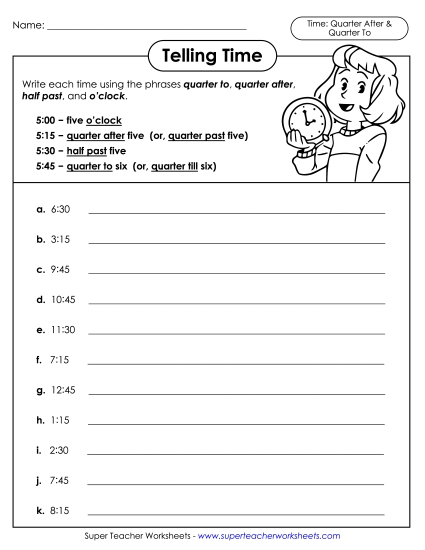 Reading Clocks: Nearest Minute - Telling Time Worksheet (Quarters) Reading Clocks: Nearest Minute - Telling Time Worksheet (Quarters)