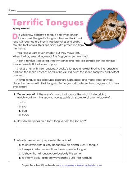 Animals - Terrific Tongues (Printable PDF Worksheet)