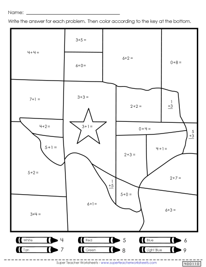 Math Worksheets - Texas Addition Mystery Picture